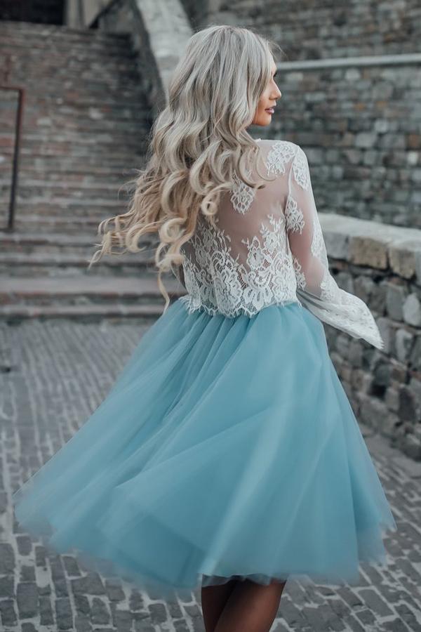 Two-Piece Tutu Skirt White Tulle Lace Long Sleeves Homecoming Dresses, MH392 Two-Piece Tutu Skirt White Tulle Lace Long Sleeves Homecoming Dresses, MH392