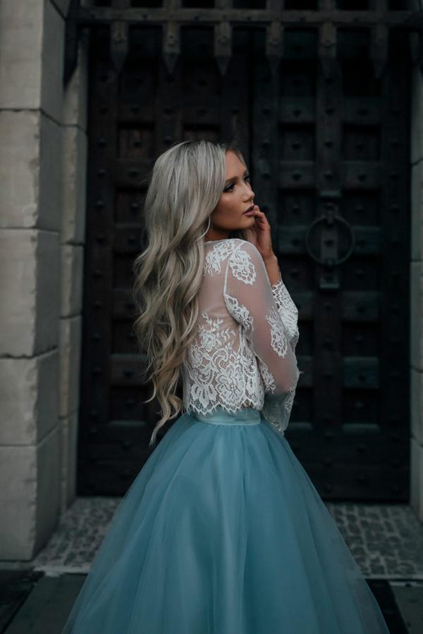 Two-Piece Tutu Skirt White Tulle Lace Long Sleeves Homecoming Dresses, Musebridals Two-Piece Tutu Skirt White Tulle Lace Long Sleeves Homecoming Dresses, Musebridals