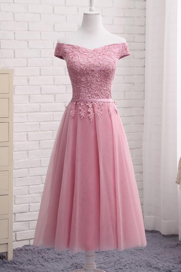 Pink Off Shoulder A Line Lace Short Prom Dresses, Cheap Evening Dresses, MH227
