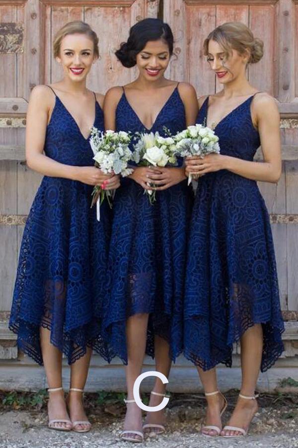 Royal Blue Lace V Neck Spaghetti Straps Bridesmaid Dress, Cheap Homecoming Dress, MH311