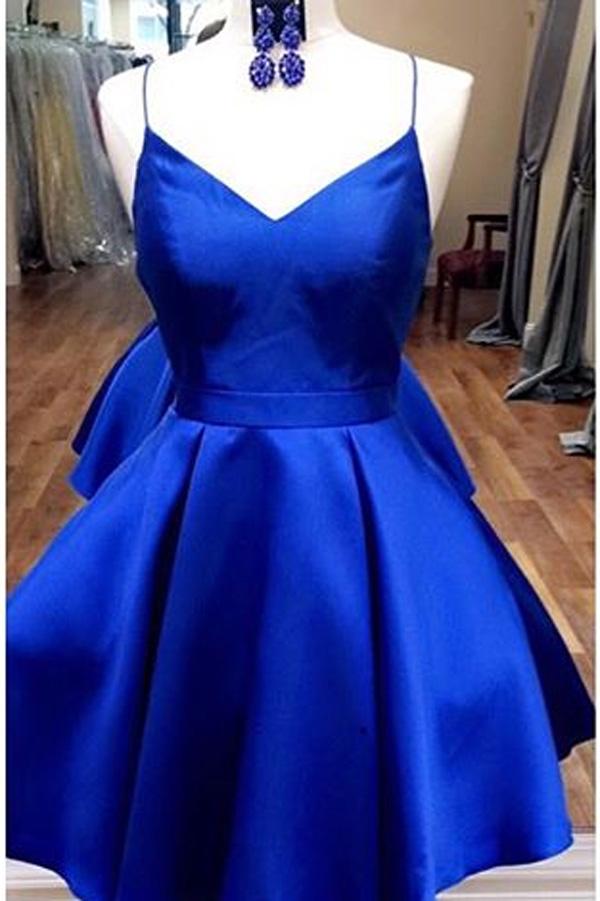 Royal Blue Spaghetti Straps V neck Homecoming Dresses with Ribbon, MH310