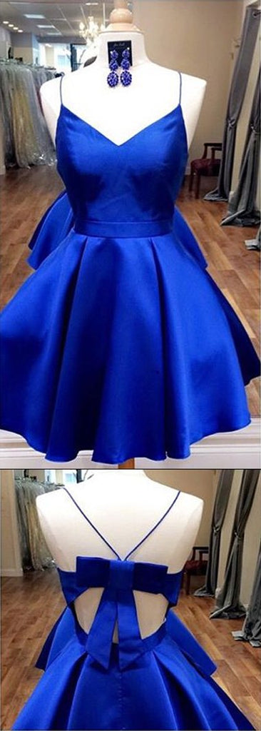 Royal Blue Spaghetti Straps V neck Homecoming Dresses with Ribbon, MH310|musebridals.com