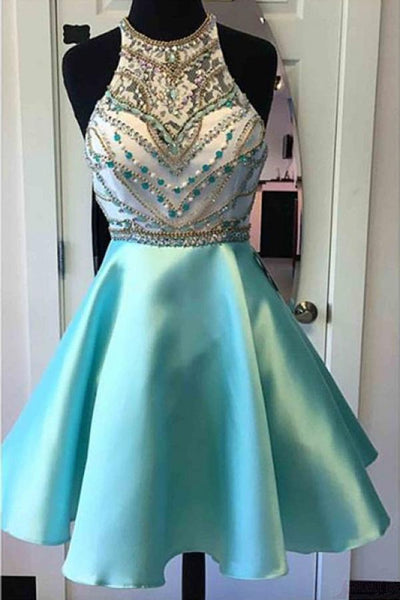 Light Green Beaded Halter Knee Length Homecoming Dress Graduation Dresses,  MH222 – Musebridals