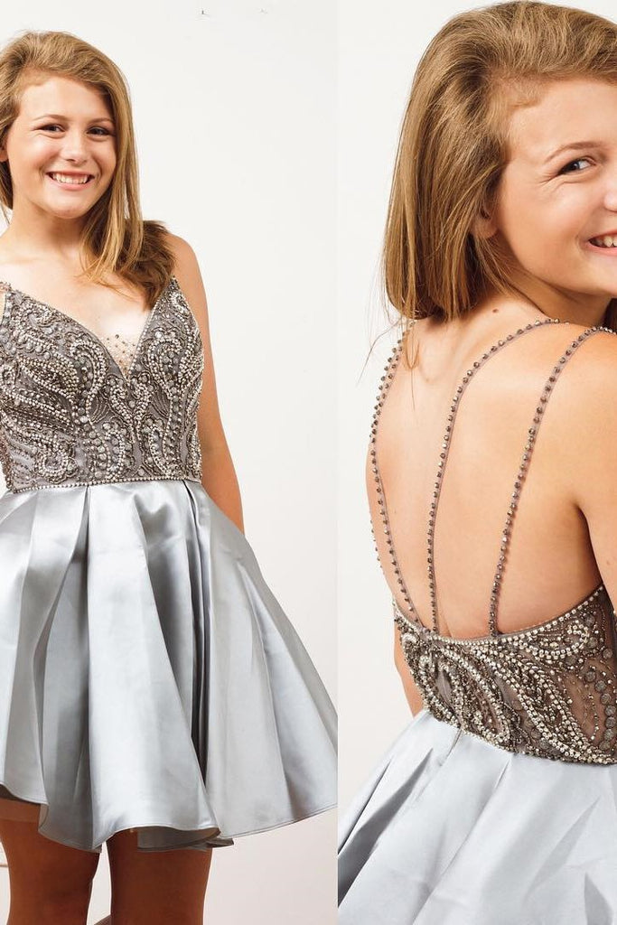 Silver V neck Beaded A-line Homecoming Dresses, Straps Short Prom Dress, MH338|musebridals.com