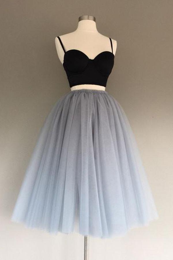 Charming Gray Tulle A-Line Two Piece Homecoming Dress, Graduation Dress, MH218