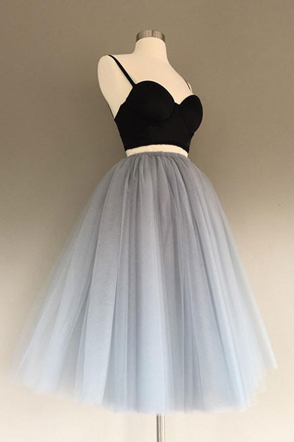 Charming Gray Tulle A-Line Two Piece Homecoming Dress, Graduation Dress, MH218|musebridals.com