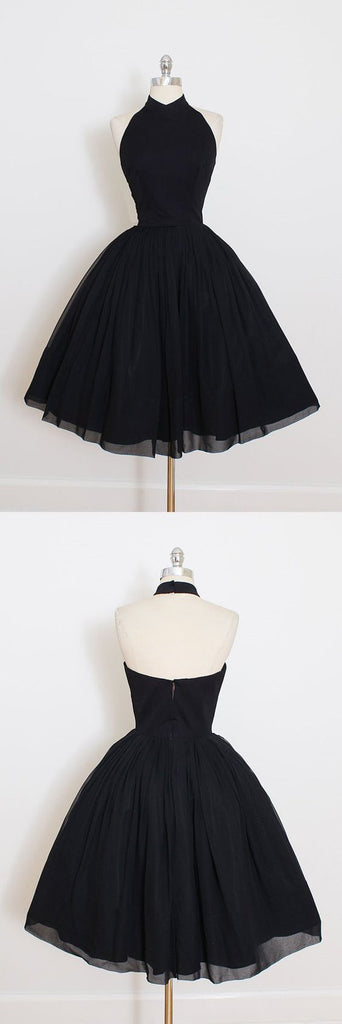 A Line Open Back Black Halter Short Sleeve Homecoming Dress, Short Prom Dress, MH123 at musebridals.com