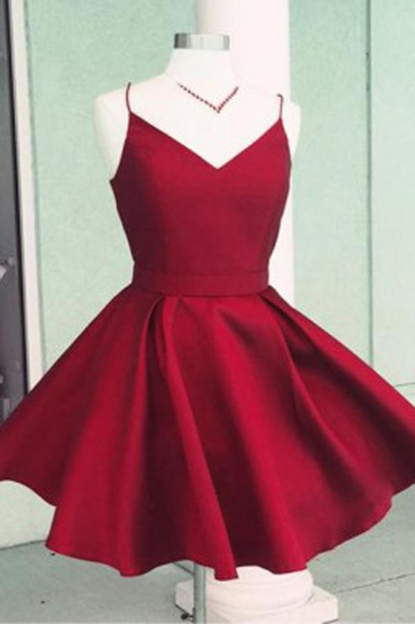 Burgundy Satin A-Line Spaghetti Straps Open Back Homecoming Dress with Bowknot, MH317