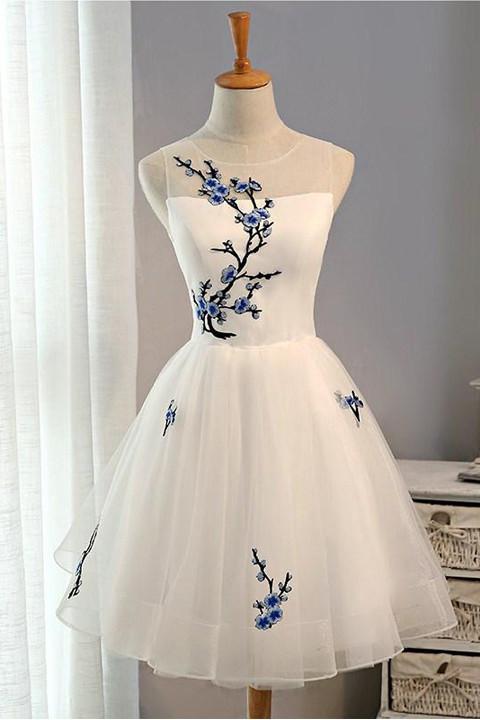 White Short Flowers Embroidery Homecoming Dress White Short Flowers Embroidery Homecoming Dress