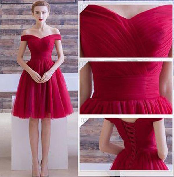 Red Tulle A Line Off The Shoulder Homecoming Dresses Short Prom Dresses, MH101 at musebridals.com