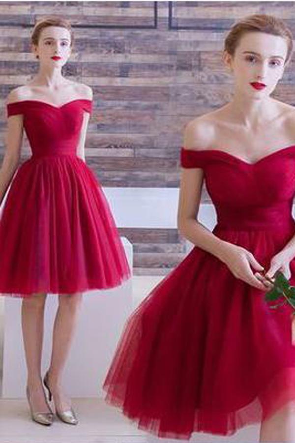 Red Tulle A Line Off The Shoulder Homecoming Dresses Short Prom Dresses, MH101