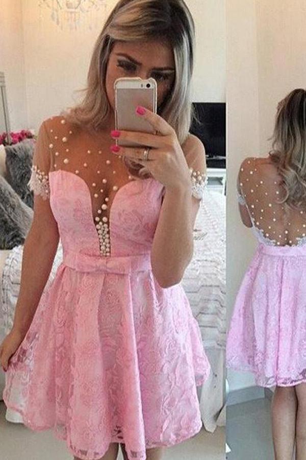 Cute Pink A-Line Scoop Neck Tulle Homecoming Dresses With Sleeve, MH269