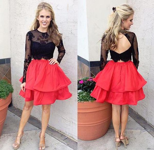 Red Two Piece Black Lace Skirt Long Sleeves Homecoming Dress, Short Prom Dress, MH129 at musebridals.com