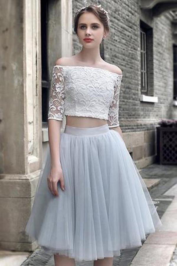 Lace Two Pieces Off Shoulder Half Sleeves Short Homecoming Dresses, MH373