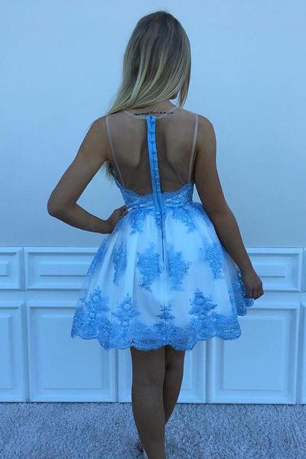Blue A-line Princess Sleeveless Homecoming Dresses Short Prom Dress with Appliques, MH105
