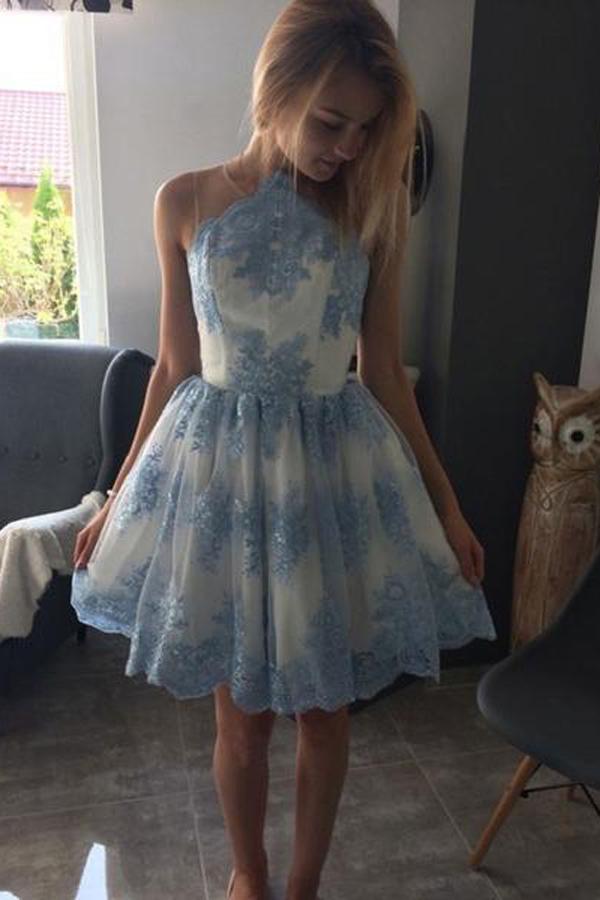 Blue A-line Princess Sleeveless Homecoming Dresses Short Prom Dress with Appliques, MH105