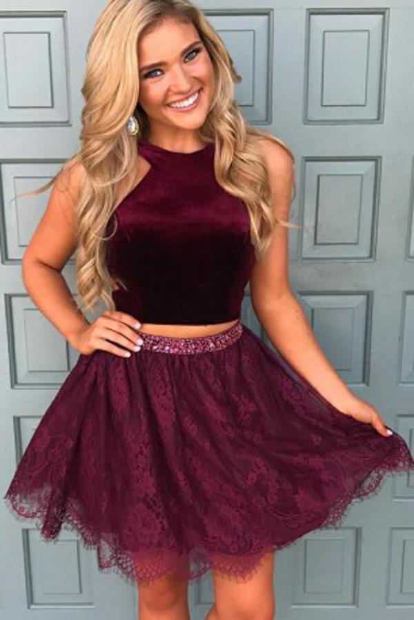 Grape Lace Halter Two Piece Open Back Jewel Short Homecoming Dress, MH397