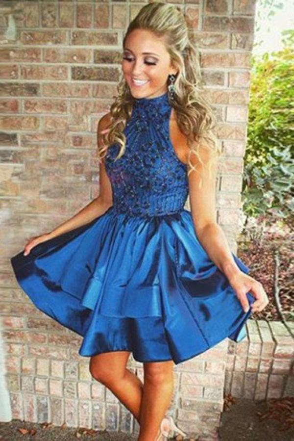 Cute Navy Blue Satin A-Line Beaded High Neck Homecoming Dresses, MH257
