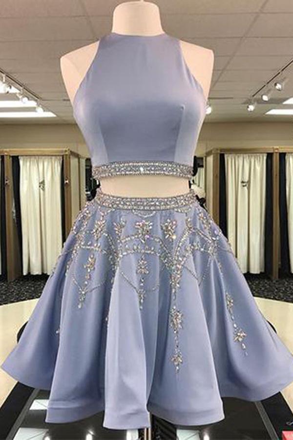 Two Piece A-Line Jewel Sleeveless Short Prom Dress, Homecoming Dress With Beading, MH109