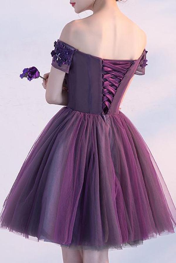 Tulle Simple Purple Off Shoulder Short Homecoming Dress With Appliques, MH413