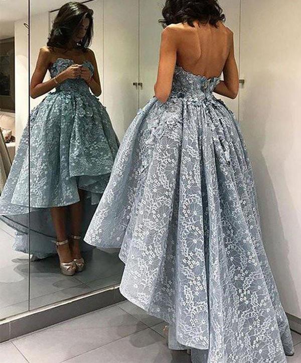 Blue Ball Gown Lace High Low Short Prom Dress, Homecoming Dress, Party Dress, MH113 at musebridals.com