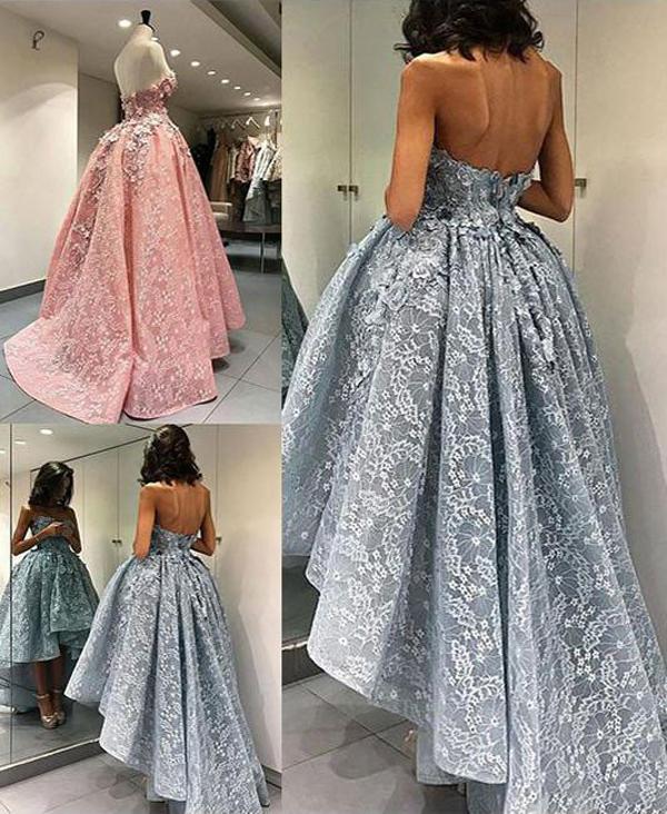 Blue Ball Gown Lace High Low Short Prom Dress, Homecoming Dress, Party Dress, MH113