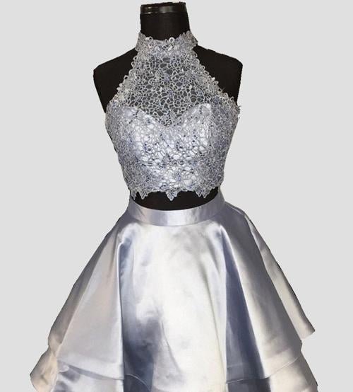 Blue Halter Two Pieces Princess Satin  Mini Homecoming Dresses,Short Prom Dress, MH376