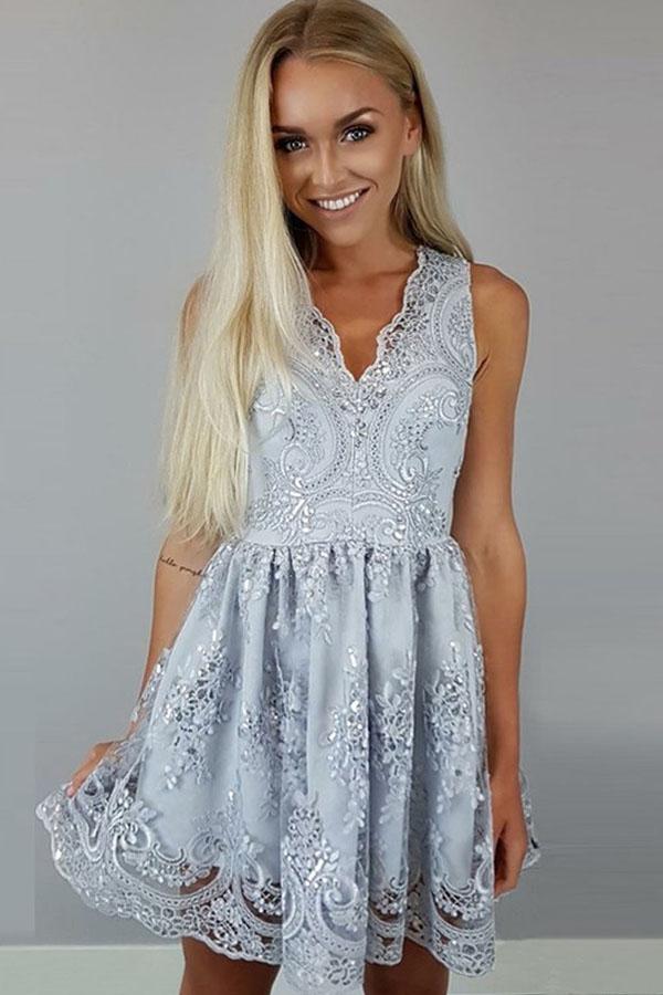 Satin Lace Knee Length A Line V-neck Party Dress, Homecoming Dresses, MH314