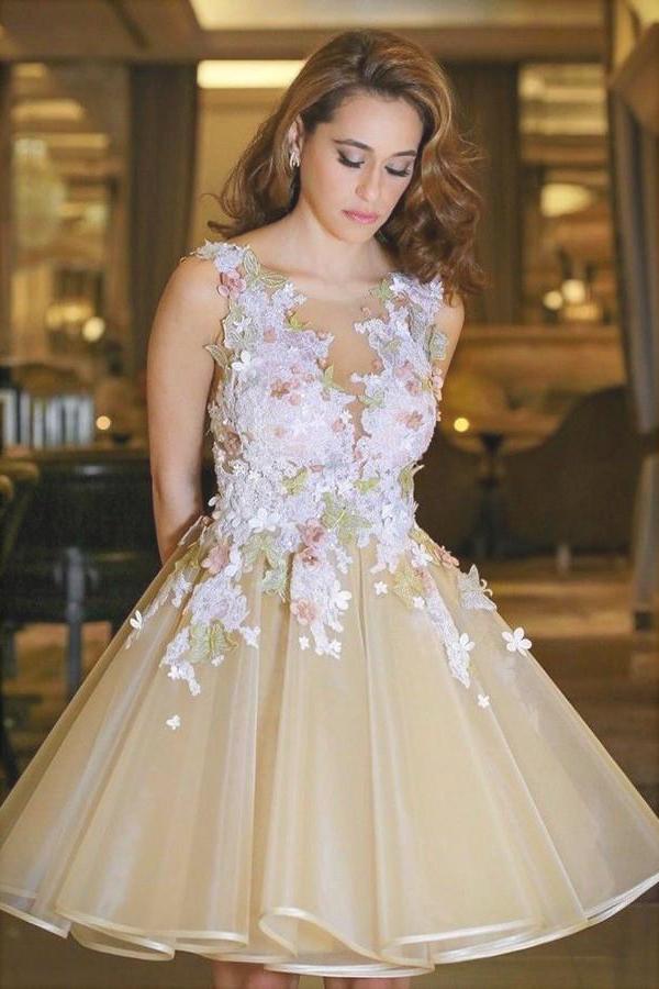 A-Line Tulle Mini Juniors Homecoming Dresses with Flowers, Graduation Dresses, MH362