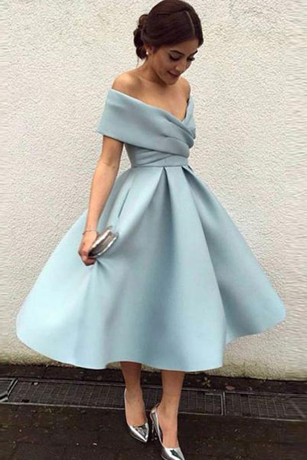 Simple Blue Satin A-Line Off Shoulder Homecoming Dress Short Prom Dress, MH315