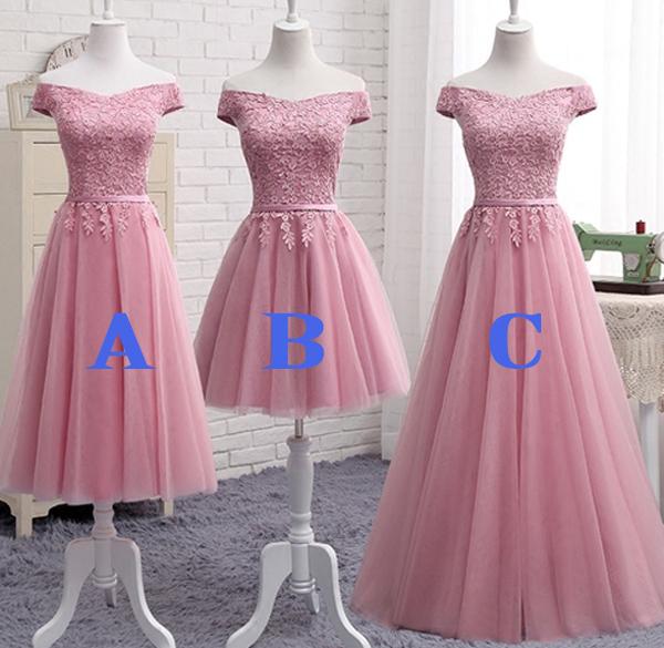 Pink Off Shoulder A Line Lace Short Prom Dresses, Cheap Evening Dresses, MH227|musebridals.com
