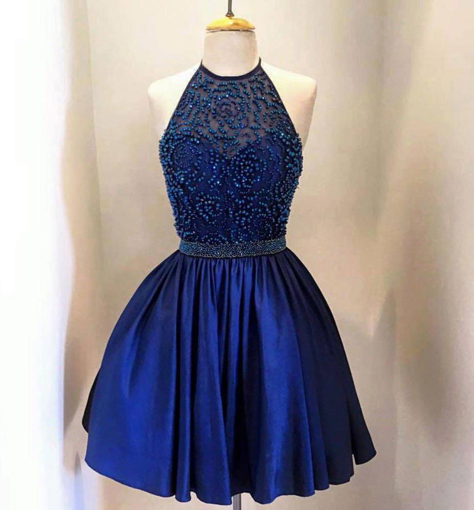 Royal Blue Taffeta High Neck Beaded Halter Homecoming Dresses, MH312|musebridals.com