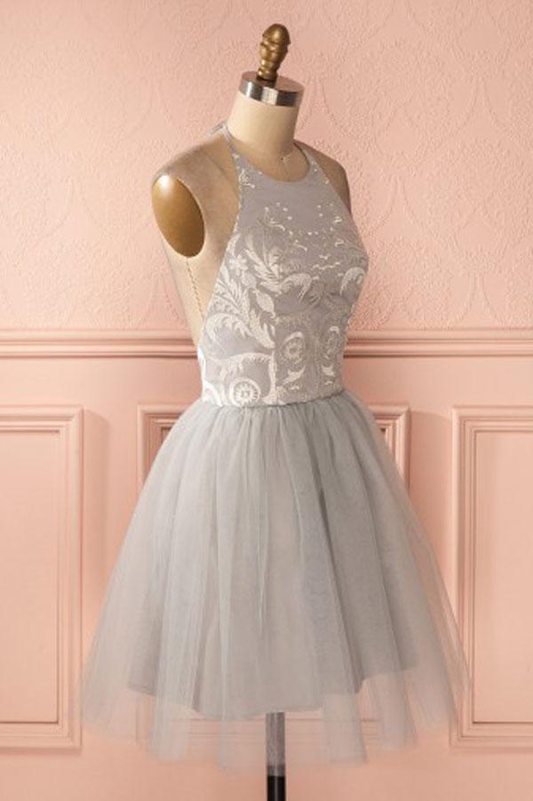 Cheap Silver Short A-line Pleated Backless Homecoming Dresses Short Prom Dress, MH172 at musebridals.com