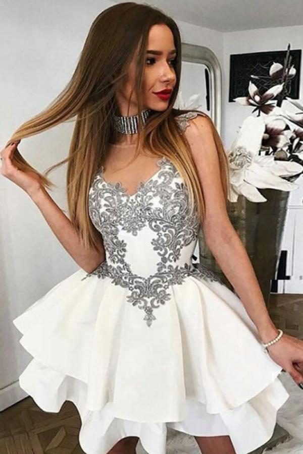 White Round Neck Satin A-Line Homecoming Dresses with Appliques, MH387