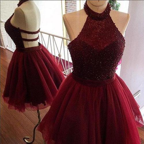 Burgundy A Line Halter Beaded Homecoming Dress, Short Prom dress, Party Dress, MH144 Musebridals Burgundy A Line Halter Beaded Homecoming Dress, Short Prom dress, Party Dress, MH144 Musebridals