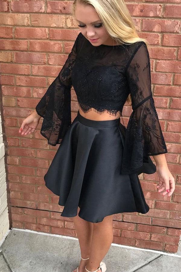 Black Long Sleeve Two Piece Lace Homecoming Dresses online, MH367