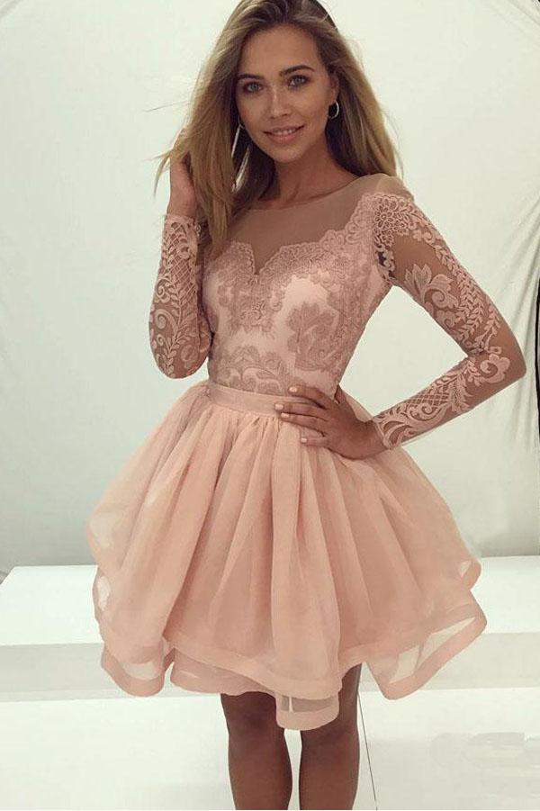 Cute Long Sleeve Lace Tulle Zipper Back Homecoming Dresses for Girls, MH364