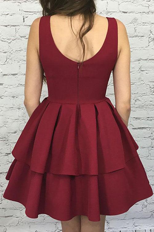 Burgundy Nice Scoop Neck Tiered Elastic Satin A-Line Homecoming Dresses, MH263|musebridals.com