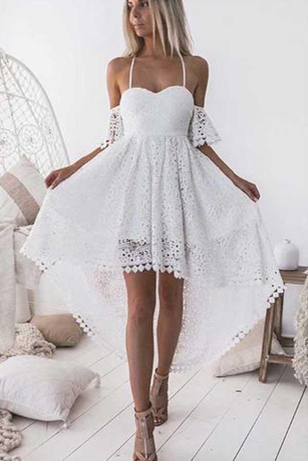 Charming White A-Line Straps High Low Off Shoulder Lace Homecoming Dresses, MH226