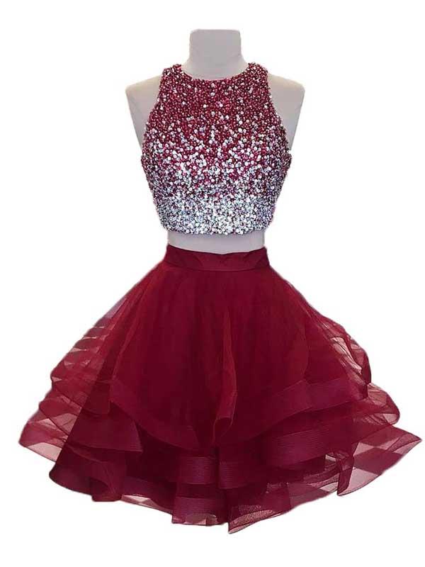 Burgundy Two Piece Organza A-line Beaded Top Homecoming Dresses, MH154