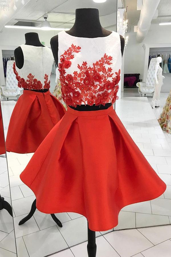 Cute Red Taffeta Skirt Two Piece Ivory Top Nice Homecoming Dresses, MH372