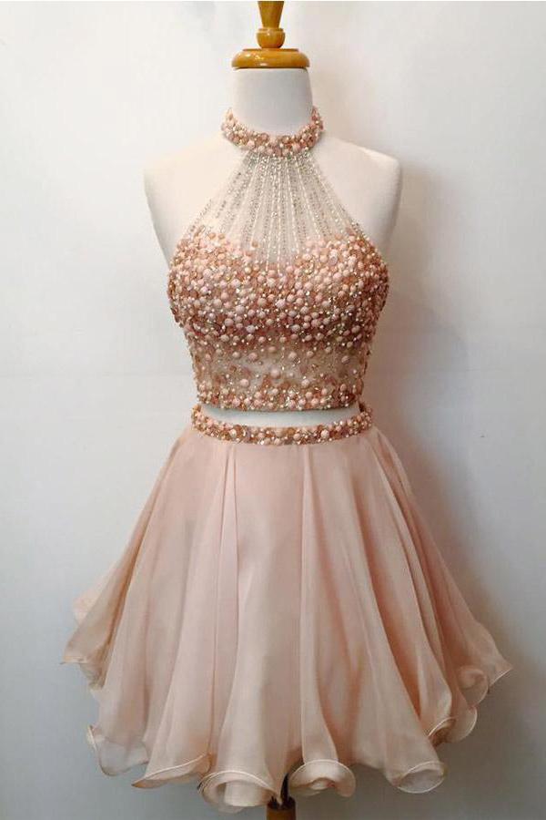 Two Piece Blush Pink Halter Homecoming Dresses, Short Prom Dresses, MH139
