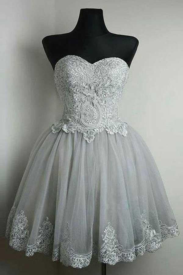 Grey Sweetheart Neck Lace Appliqued Homecoming Dresses Short Prom Dress, MH220
