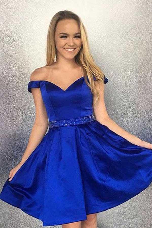 Simple Blue Satin Beaded Off Shoulder Homecoming Dresses with Pocket, MH318
