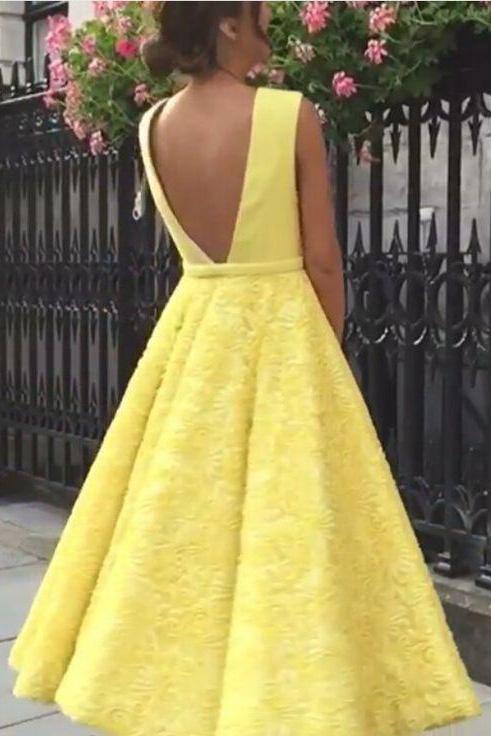 Yellow Deep V-neck Tea Length Homecoming Dress, Lace Short Prom Dresses, MH193 at musebridals.com