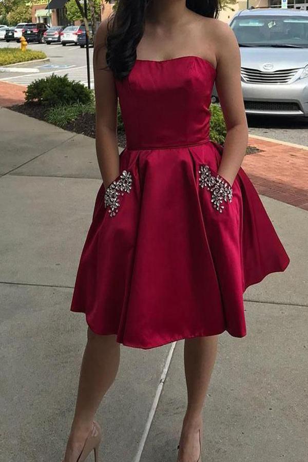 Red Beaded Simple Strapless Homecoming Dresses, Short Prom Dress, MH171 at musebridals.com