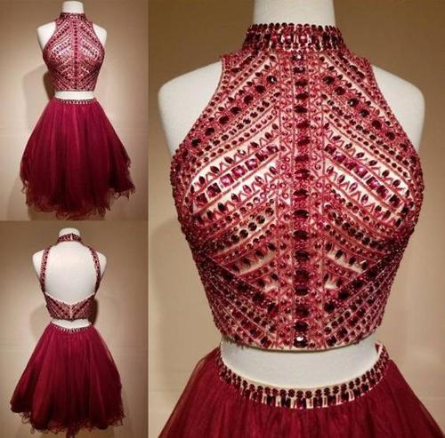 musebridals.com offer Burgundy Halter Two Piece Rhinestone Beaded Homecoming Dresses Short, MH371