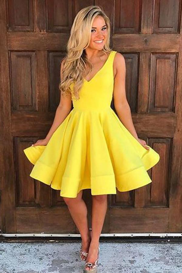 Simple Yellow A-line V Neck Sleeveless Short Homecoming Dresses, MH378
