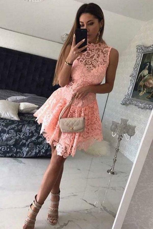 Cute A-line High Neck Pink Tulle Homecoming Dresses Graduation Dresses, MH412