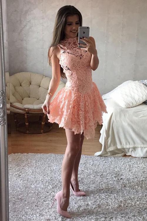 musebridals.com offer Cute A-line High Neck Pink Tulle Homecoming Dresses Graduation Dresses, MH412